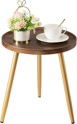 Round Side Table, Metal Legged Accent Table with Wooden Tray, Small Round End Table