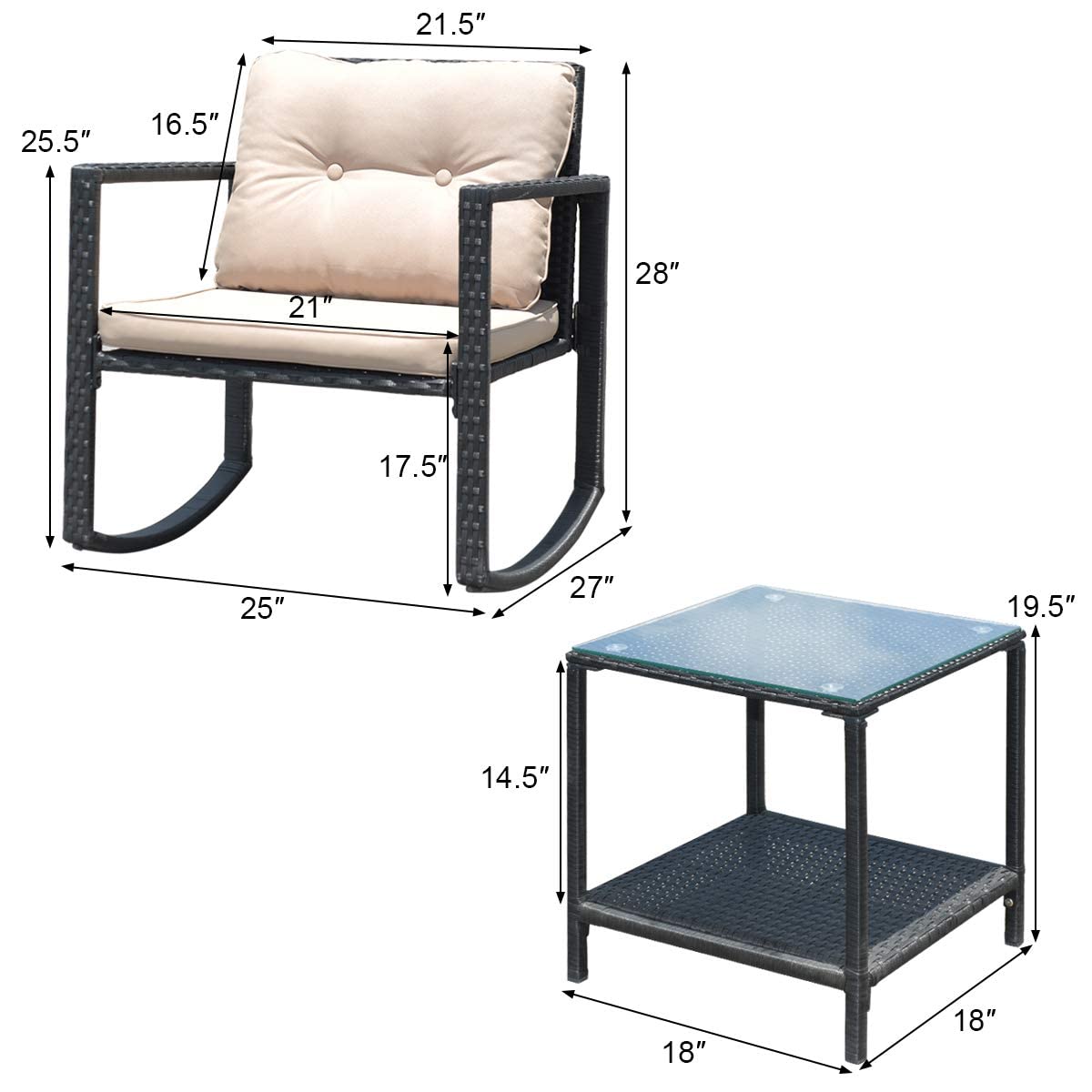 HAPPYGRILL 3-Piece Rocking Bistro Set Outdoor Patio Rocking Chairs with Coffee Table, Rattan Wicker Furniture Conversation Set for Garden Lawn Backyard Balcony