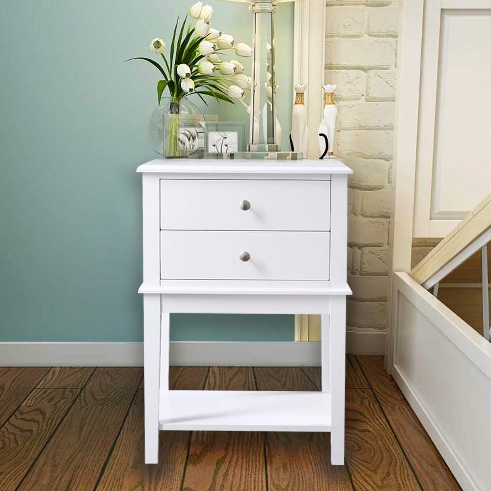 White Nightstand 2 Drawers and Storage Shelf, 28" High Bedroom Night Stand