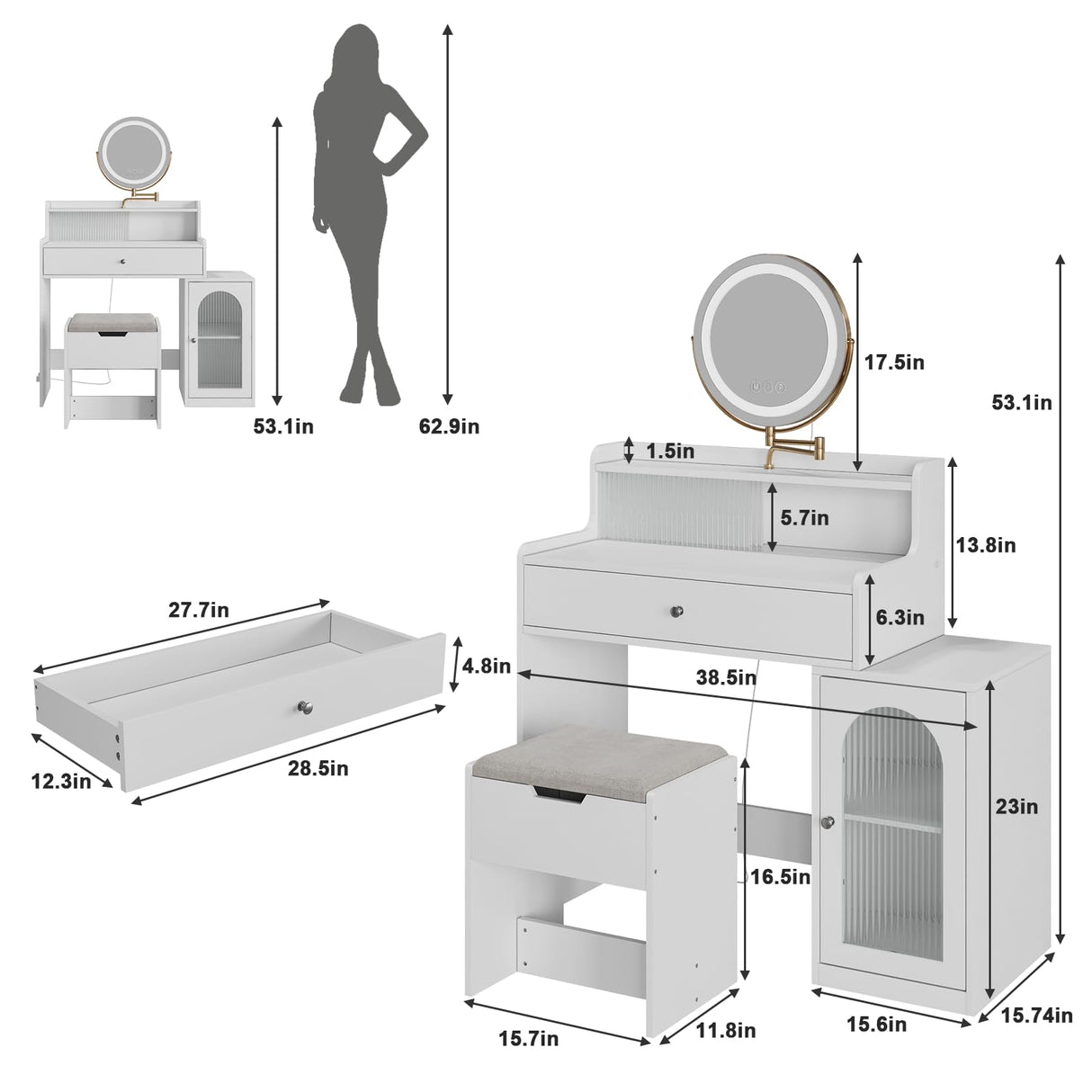 White Vanity Desk with 360° Rotated Mirror and Adjustable Lights, Makeup Vanity Table with Storage Chair and Side Cabinet, Dressing Table with Drawer for Bedroom