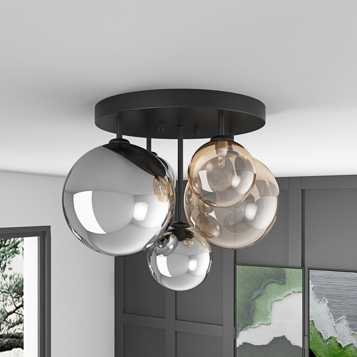 5-Light Semi Flush Mount Ceiling Light with Globe Glass Shade
