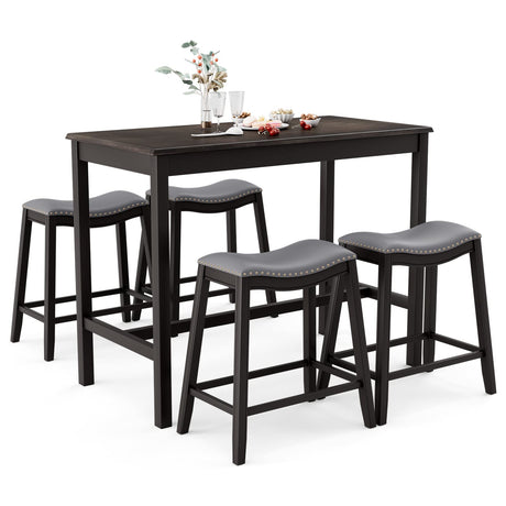 COSTWAY 5-piece Dining Table Set for 4, Counter Height Breakfast Table and Upholstered 4 Saddle Stools, Space-saving Design, Rubber Wood Pub Dinette Set for Bistro Dining Room Small Space, Black+Grey