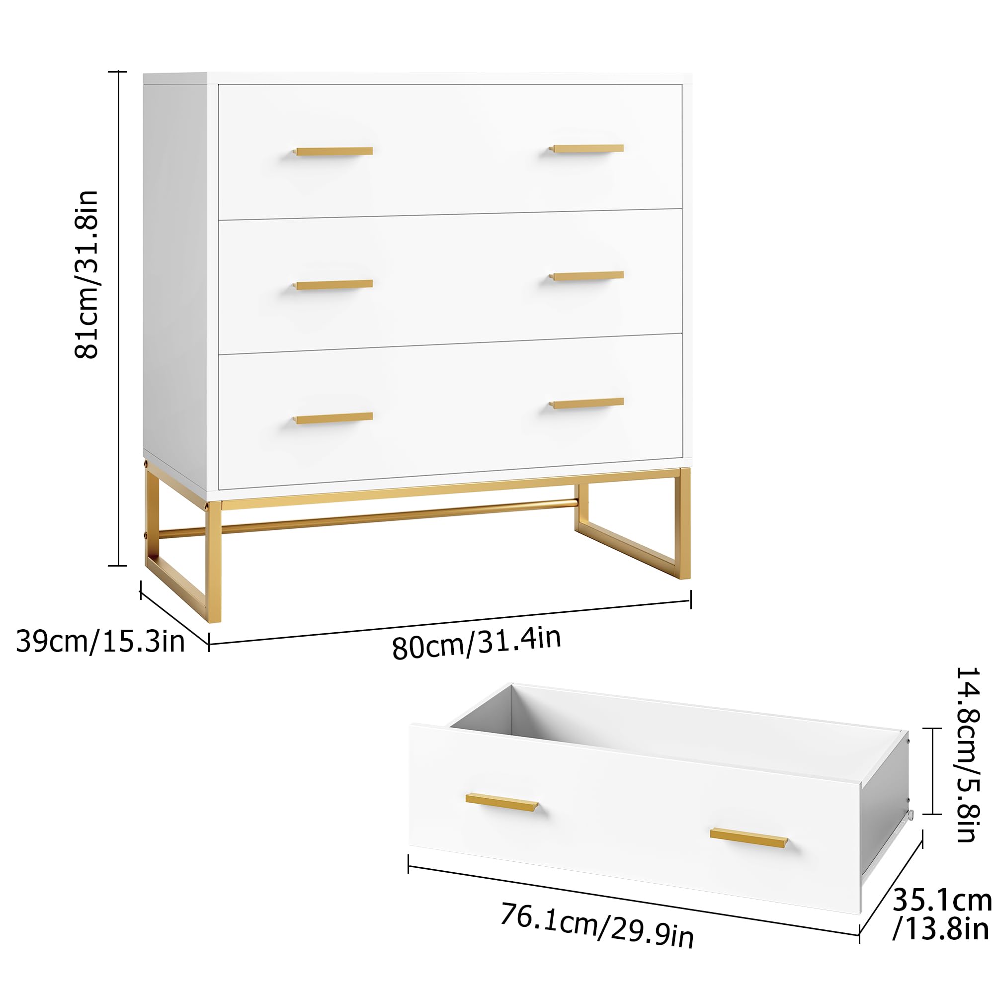 White Dresser with 3 Drawers, White Gold Dresser with Metal Handle and Frame