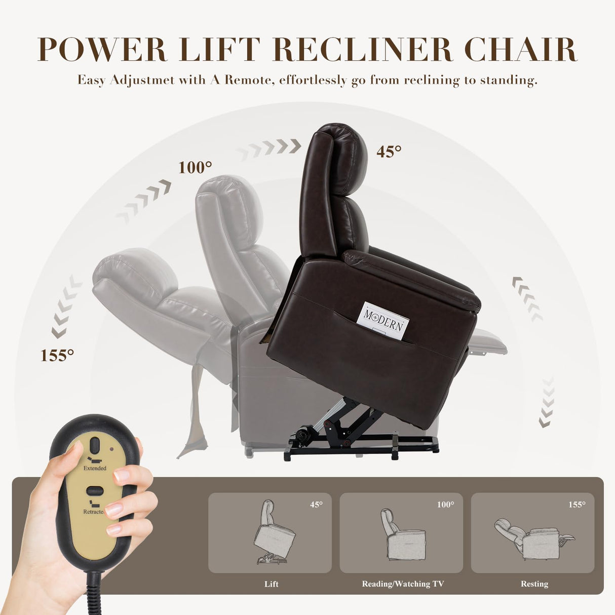 Chair for Elderly-Electric Leather Lift Chair Remote Control, Ergonomic Recliner Chair with Side Pocket, Spacious Seat-Chocolate