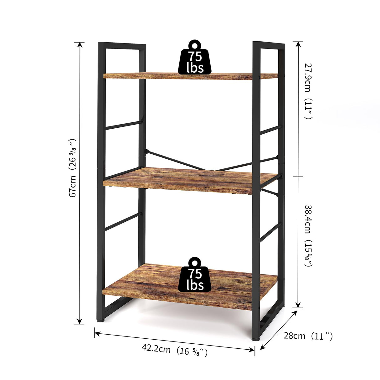 Small Bookshelf 3-Tier Bookcase, Metal Bookshelf for Study, Bedroom, Living Room and Kitchen, Height Adjustable (Brown)