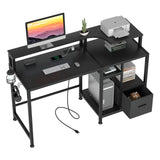 Computer Desk with Drawers, Home Office Desk with Printer Shelf, 55 inches Black Desk with Storage, Writing Study Desk with Monitor Stand, Small Work Desk for Bedroom, Black