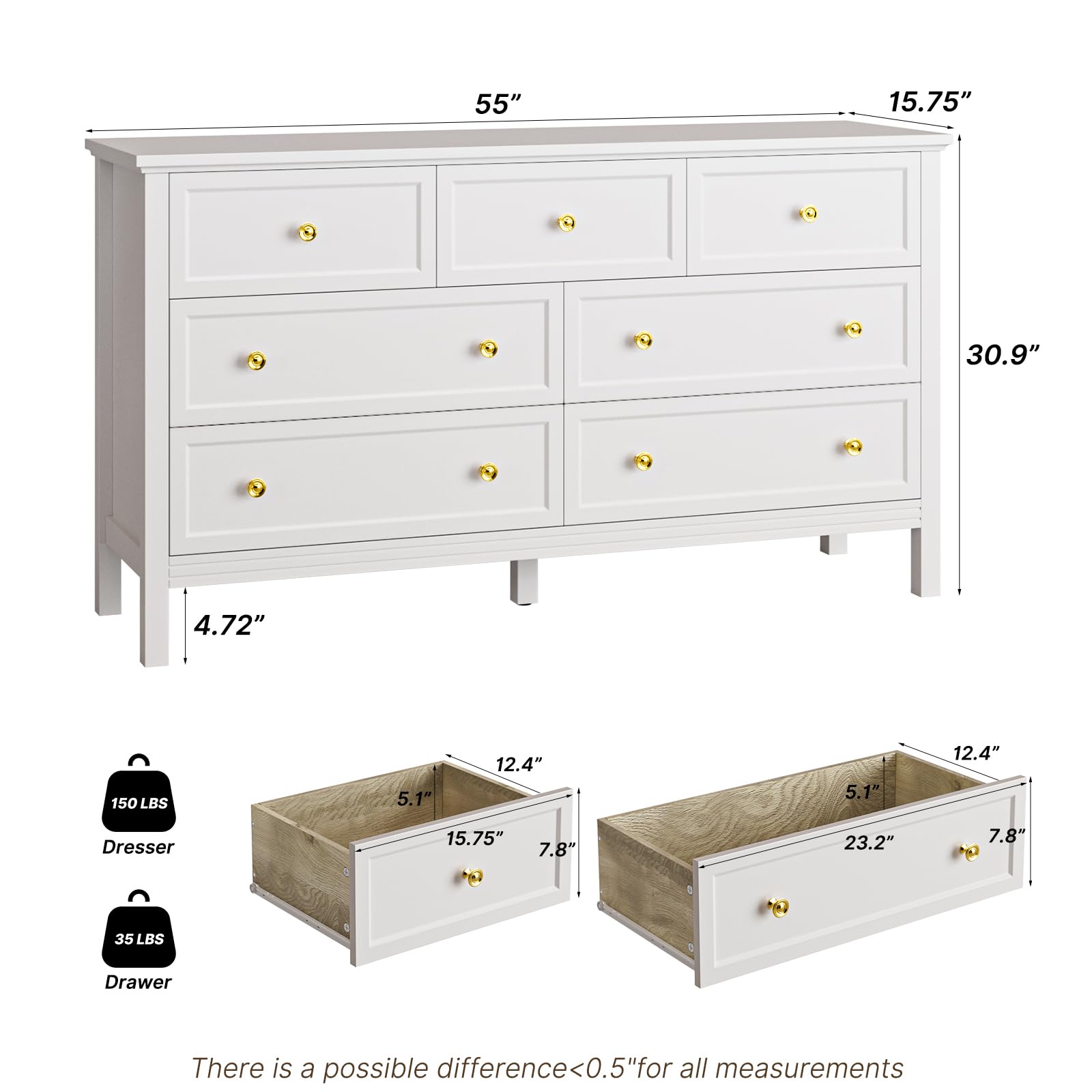 White Dresser for Bedroom with 7 Drawers, 55'' Large Wood Dresser