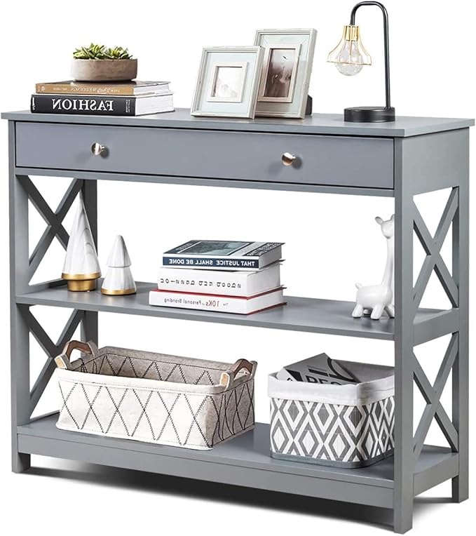 Tier Console Table, Entryway Table with 2 Open Storage Shelves Drawer,