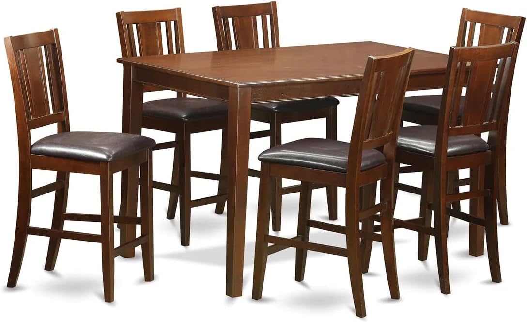 East West Furniture Dudley 7 Piece Counter Height Set Consist of a Rectangle Wooden Table and 6 Faux Leather Kitchen Dining Chairs, 36x60 Inch, Mahogany