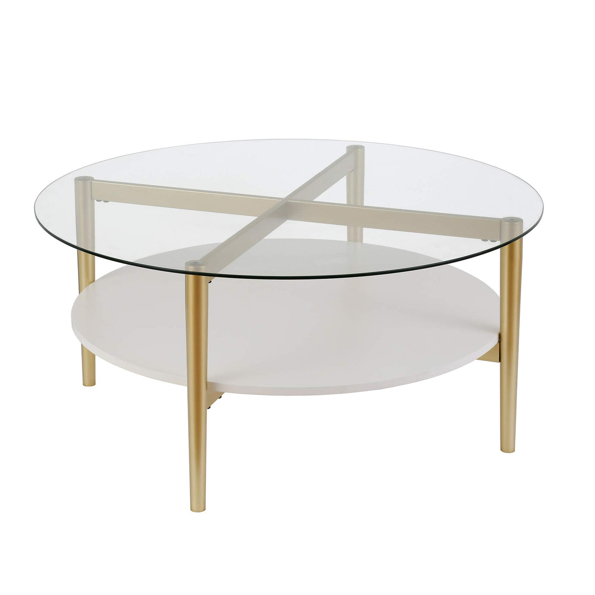 Otto 36'' Wide Round Coffee Table with MDF Shelf in Brass/White Lacquer