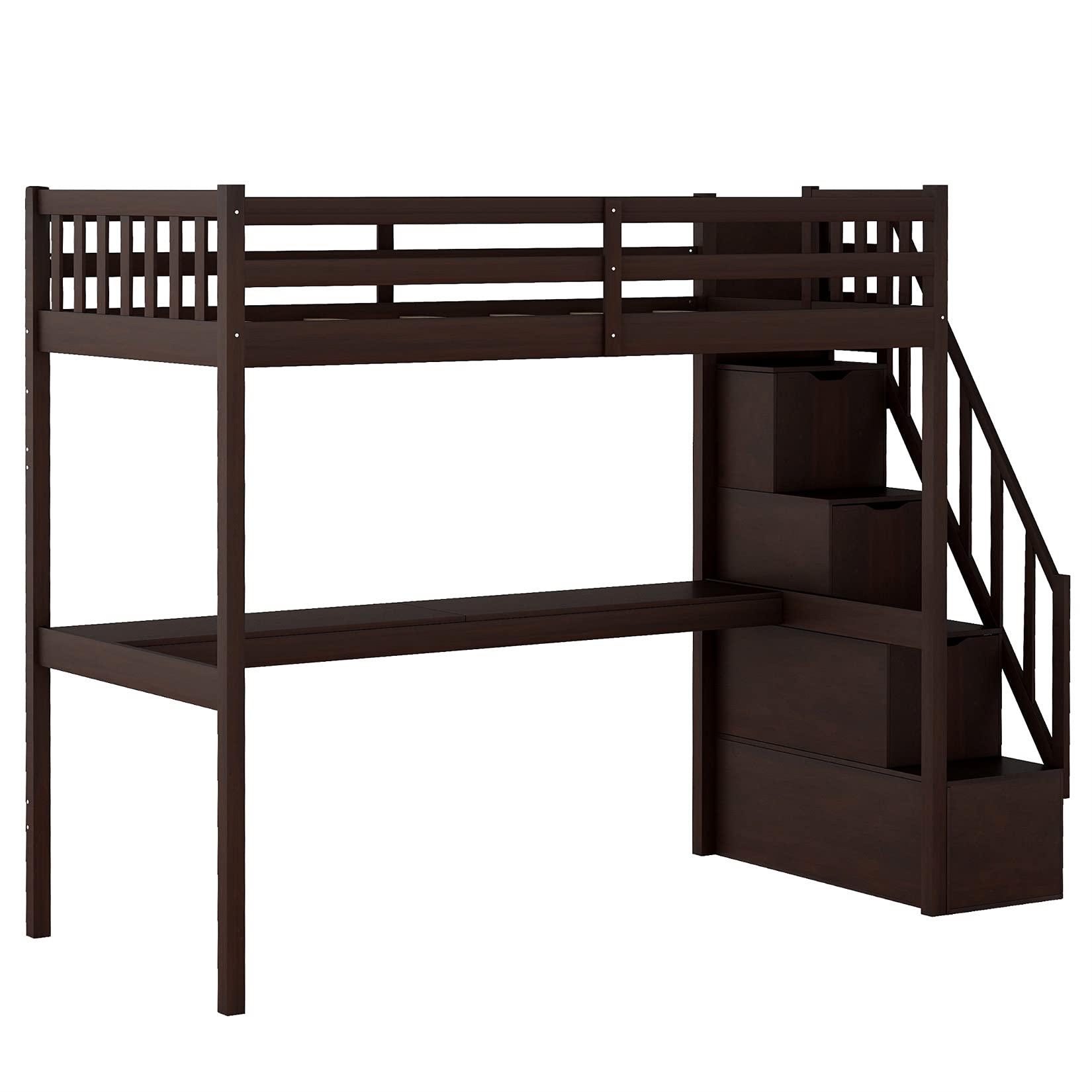 Twin Loft Bed with Desk and Storage Wood Loft Bed Frame with Staircase Storage Loft Bed for Kids Boys Girls Teens, Espresso