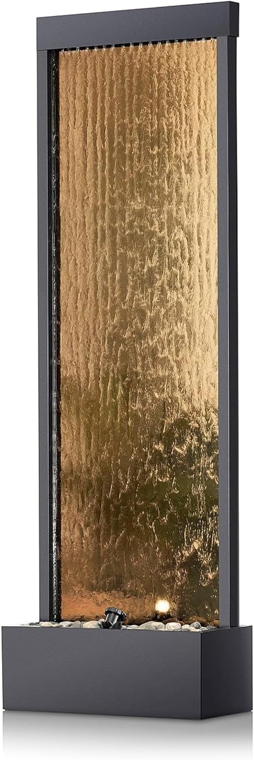 Mirror Waterfall Fountain with Stones & Lights - Zen Indoor/Outdoor Decor for Office