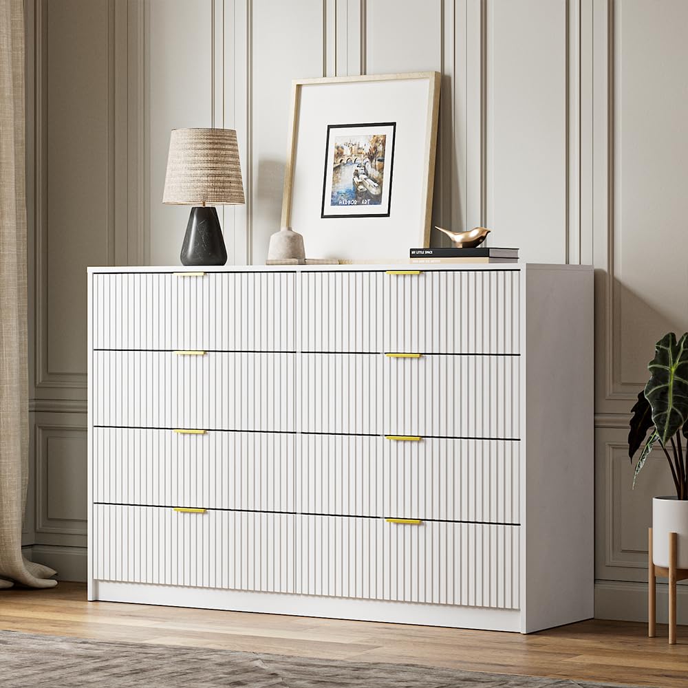 White Dresser for Bedroom, 8 Drawer Double Dresser, Modern Chest of Drawers for Bedroom, Living Room, Entryway and Closet, 55" L x 15.7" D x 37.4" H