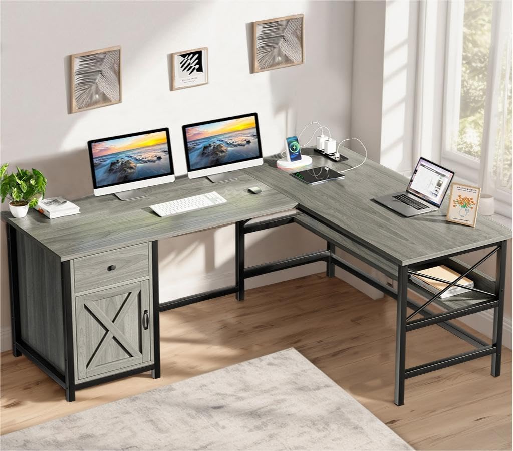 L Shaped Desk with Storage Drawer&Shelves, 63” Farmhouse Corner Computer Desk