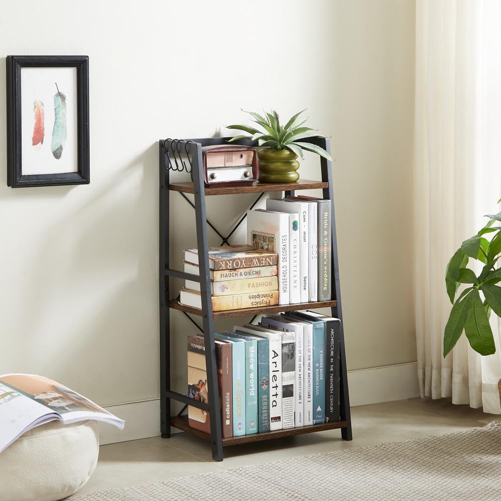 3 Tier Bookshelf, Industrial Bookcase Wood Storage Shelf with Metal Frame for Living Room