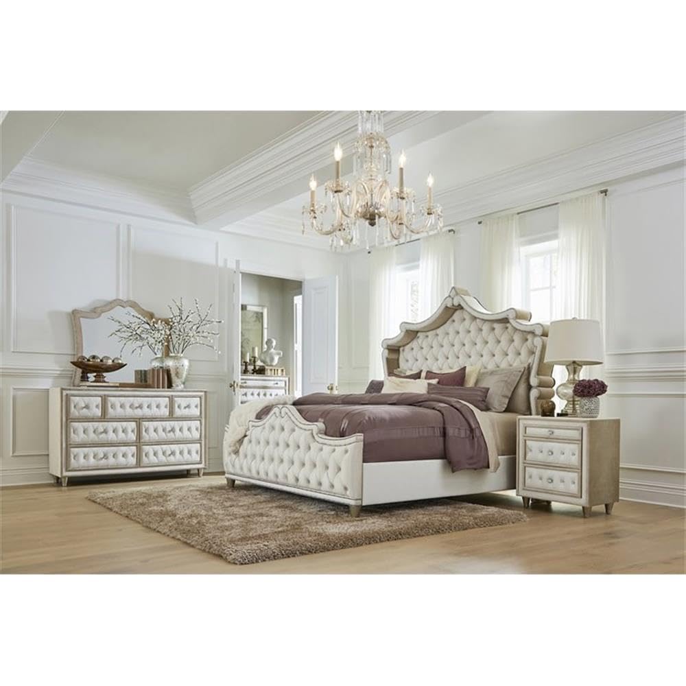 4-Piece Eastern King Upholstered Velvet Bedroom Set Ivory