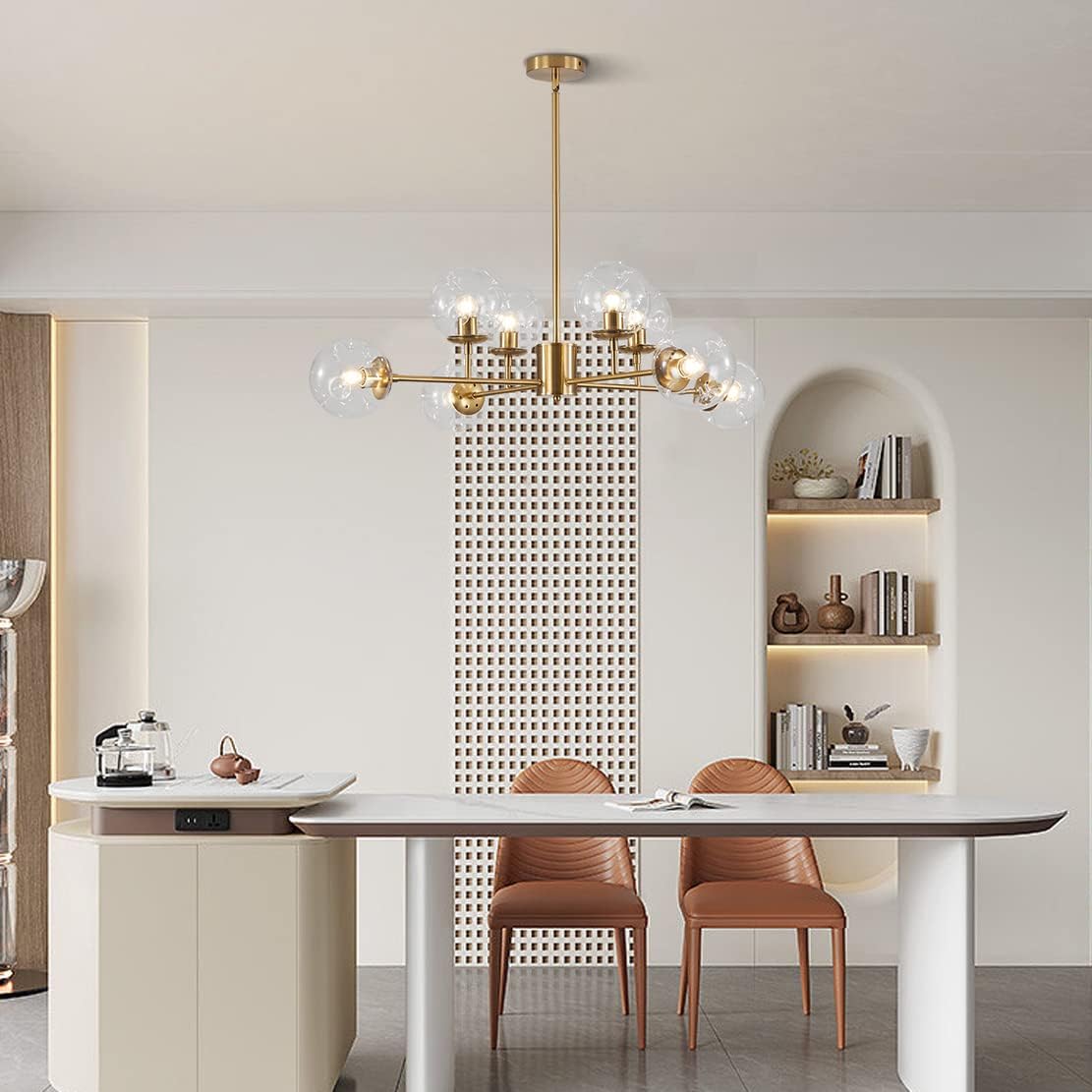 BOKT Modern 8-Lights Clear Globe Gold Chandelier Mid Century Brushed Brass Sputnik