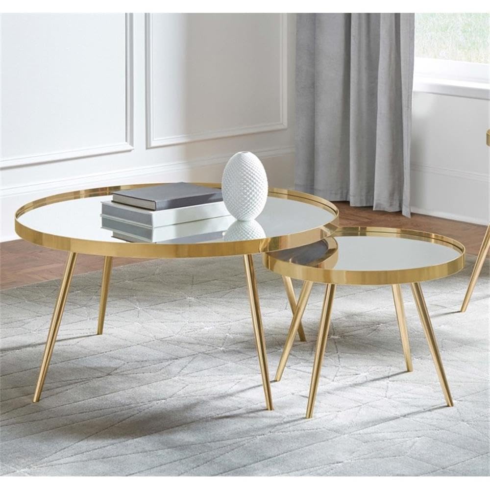Metal 2-Piece Mirror Top Nesting Coffee Table Mirror and Gold