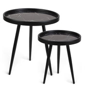 Round Side Table Set of 2,Black Marble Pattern Tray Shaped Small End Table
