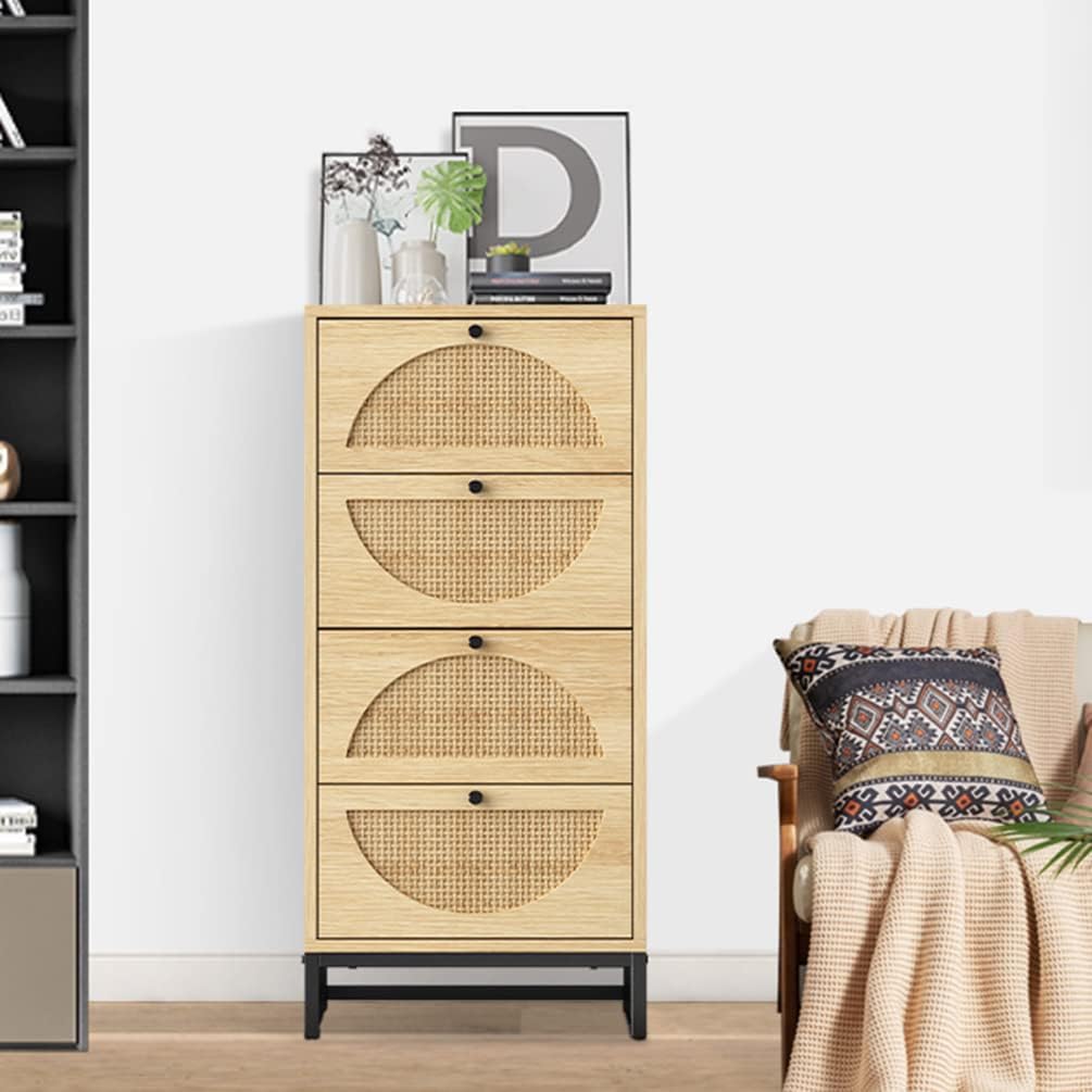 Natural Rattan 4 Drawer Dresser, Rattan Cabinet Storage Tower for Bedroom