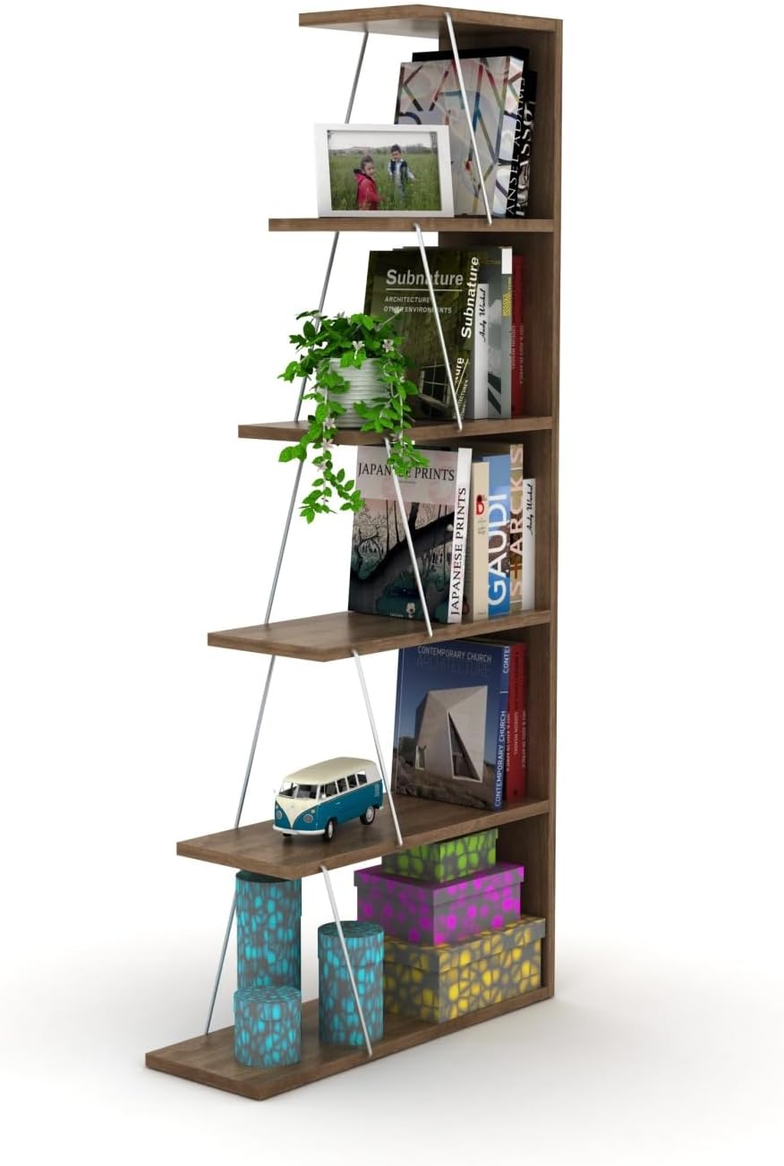 Bookshelf, 5-Tier Bookcase, Narrow Storage Rack Shelf, Tall Ladder Shelf Organizer