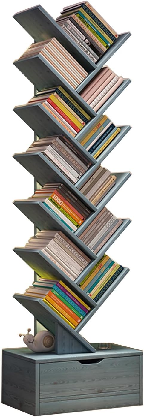 Book Tree with Wooden Drawer, Tree Bookshelf, Modern Book Storage, Free Standing Book Shelf