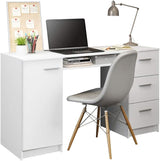 Computer Desk with 3 Drawers, 1 Door and 1 Storage Shelf, Wood Writing Home Office Workstation,