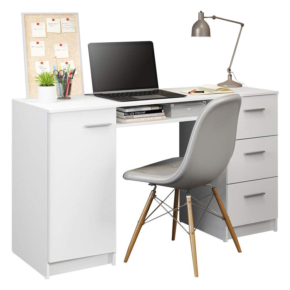 Computer Desk with 3 Drawers, 1 Door and 1 Storage Shelf, Wood Writing Home Office