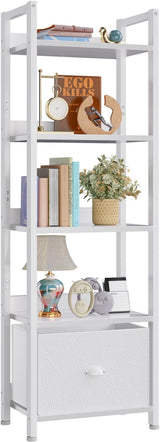 5 Tier Bookshelf with Drawer, Tall Narrow Bookcase with Shelves, Wood and Metal Book