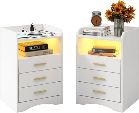 Multi-Functional White Nightstand Set of 2 with Charging Station and LED Lighting