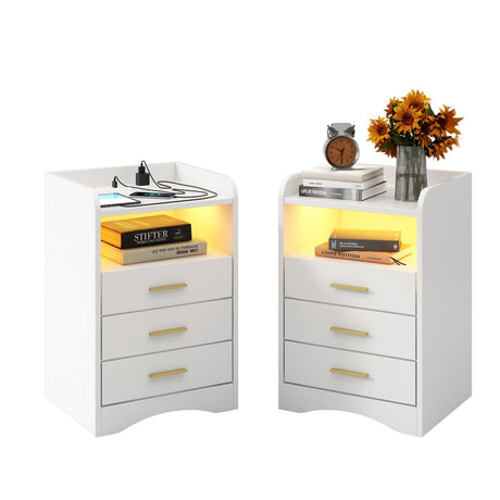 Multi-Functional White Nightstand Set of 2 with Charging Station and LED Lighting