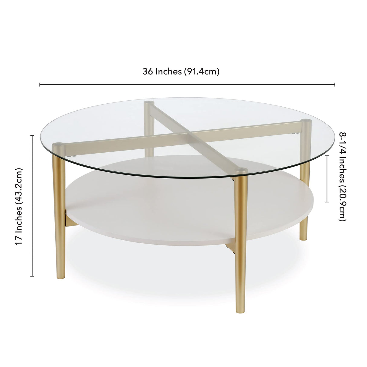 Otto 36'' Wide Round Coffee Table with MDF Shelf in Brass/White Lacquer