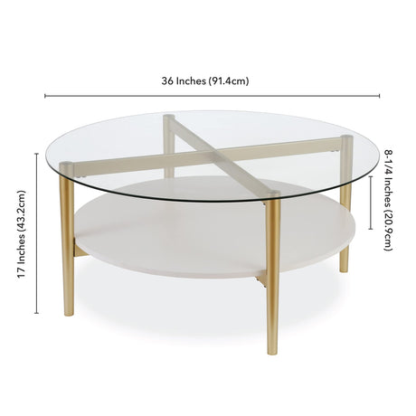 Otto 36'' Wide Round Coffee Table with MDF Shelf in Brass/White Lacquer