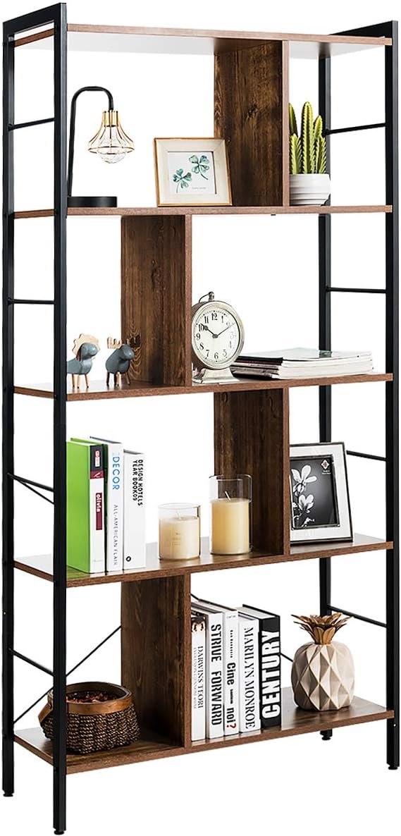 5-Tier Bookshelf, Industrial Style Bookcase with Metal Frame, Free Standing Storage Display Shelves