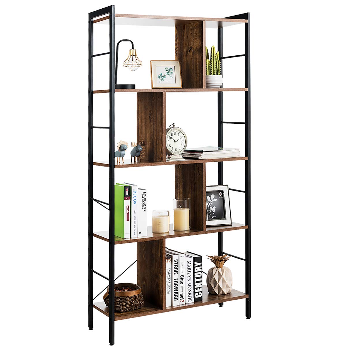 5-Tier Bookshelf, Industrial Style Bookcase with Metal Frame, Free Standing Storage Display Shelves