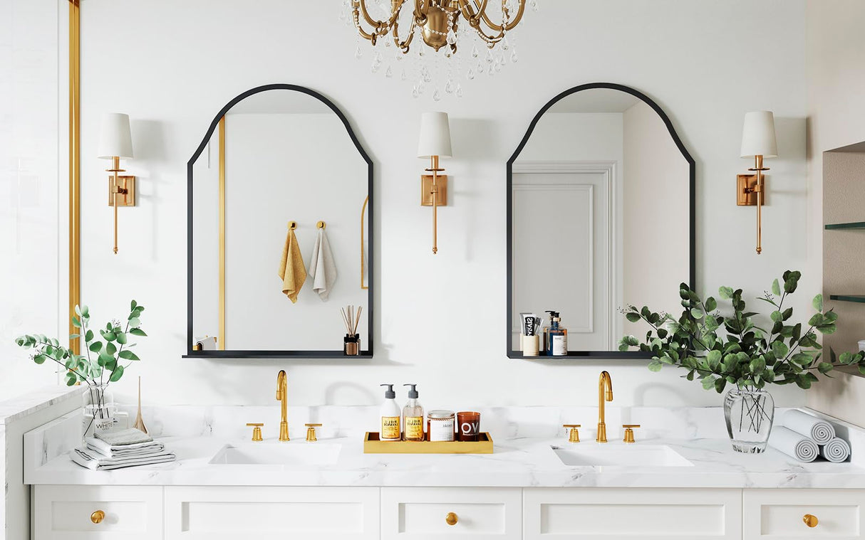 30x20 Black Arch Mirror with Shelf - Matte Metal Frame Wall Mirror