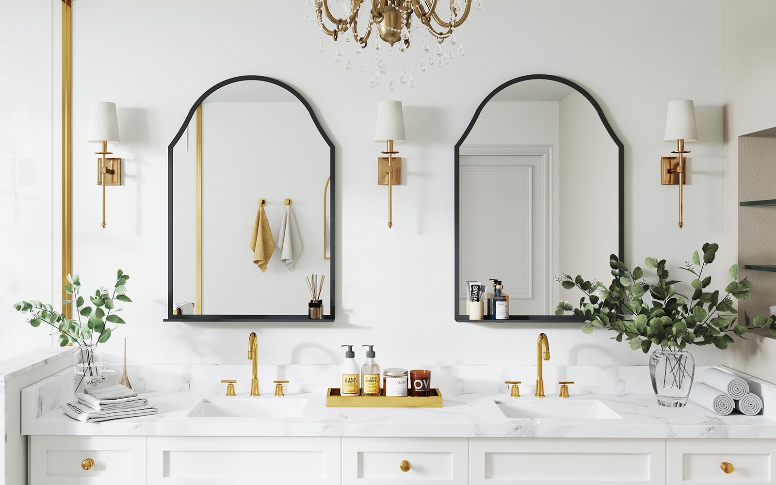 30x20 Black Arch Mirror with Shelf - Matte Metal Frame Wall Mirror