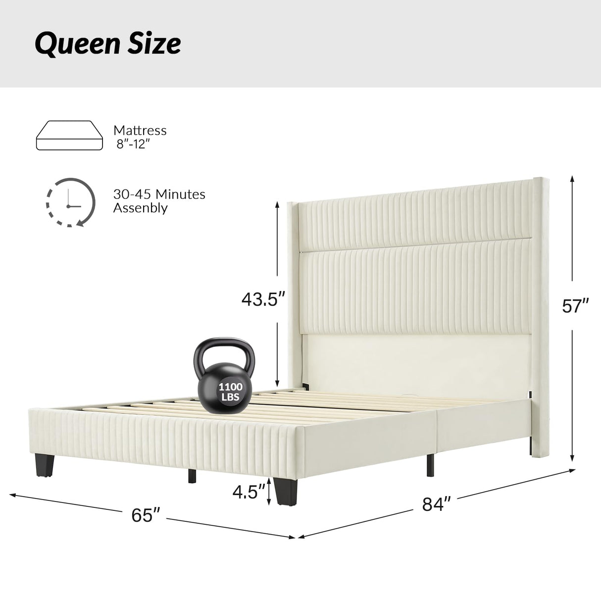 EcoHarbor 57'' Tall Bed Frame Queen Size with LED Light, High Velvet Upholstered Wingback Headboard with Vertical Channel Tufted Luxury Corduroy/Solid Wood Leg/No Box Spring Needed/Noise Free/Cream