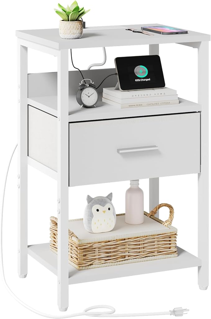 Nightstand with Charging Station, Night Stand with 2 Drawers