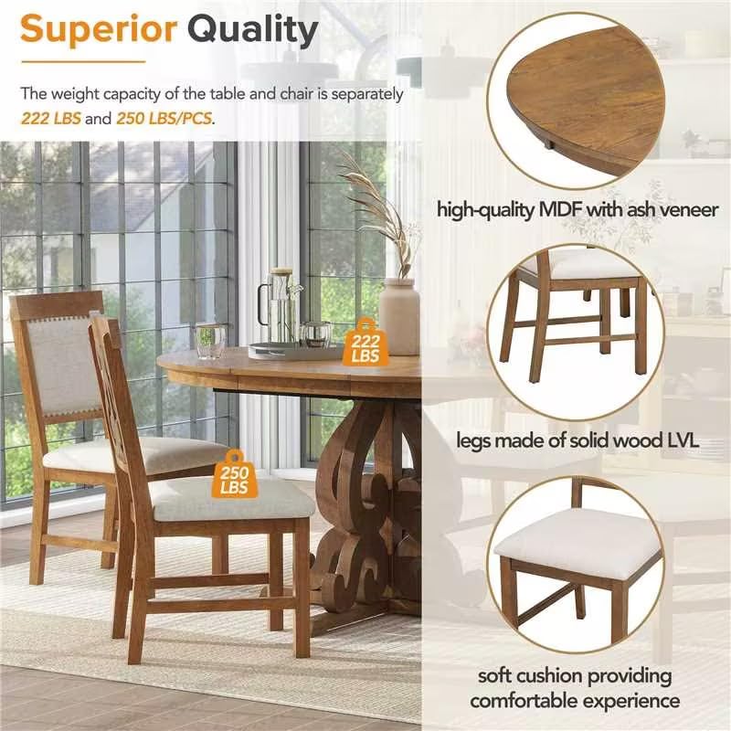 Round Solid Wood Dining Table Set for 4 - 5-Piece Farmhouse Kitchen Set