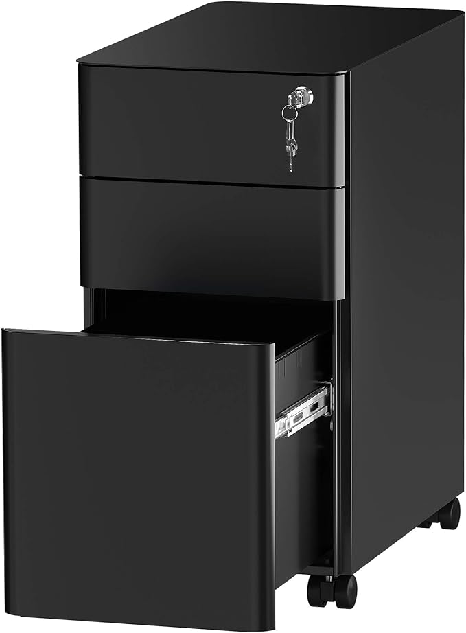 3-Drawer Slim File Cabinet with Lock, Mobile Metal Office Storage Filing Cabinet