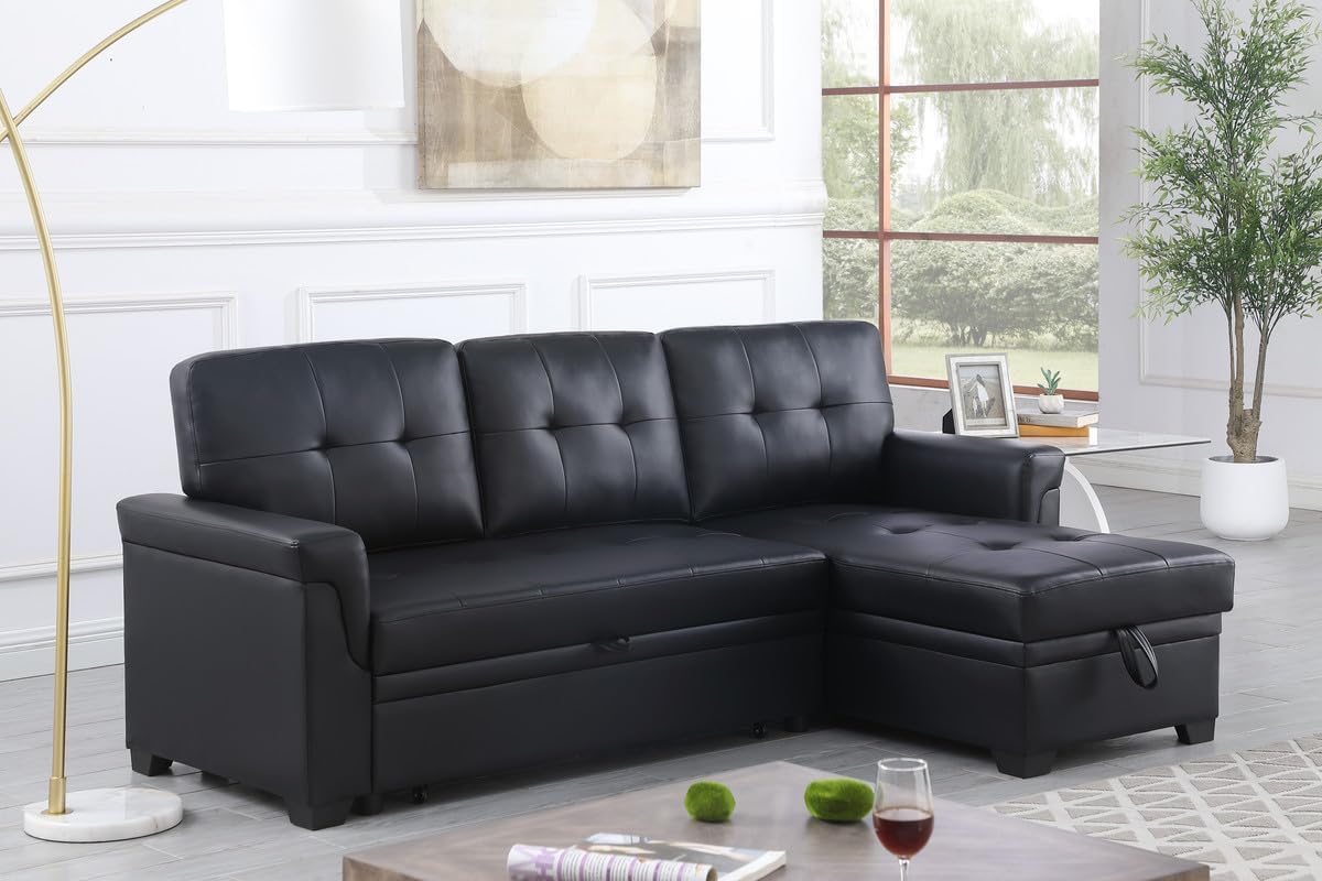 Lexi 83.5" W Black Vegan Leather Modern Reversible Sleeper Sectional Sofa with Storage Chaise