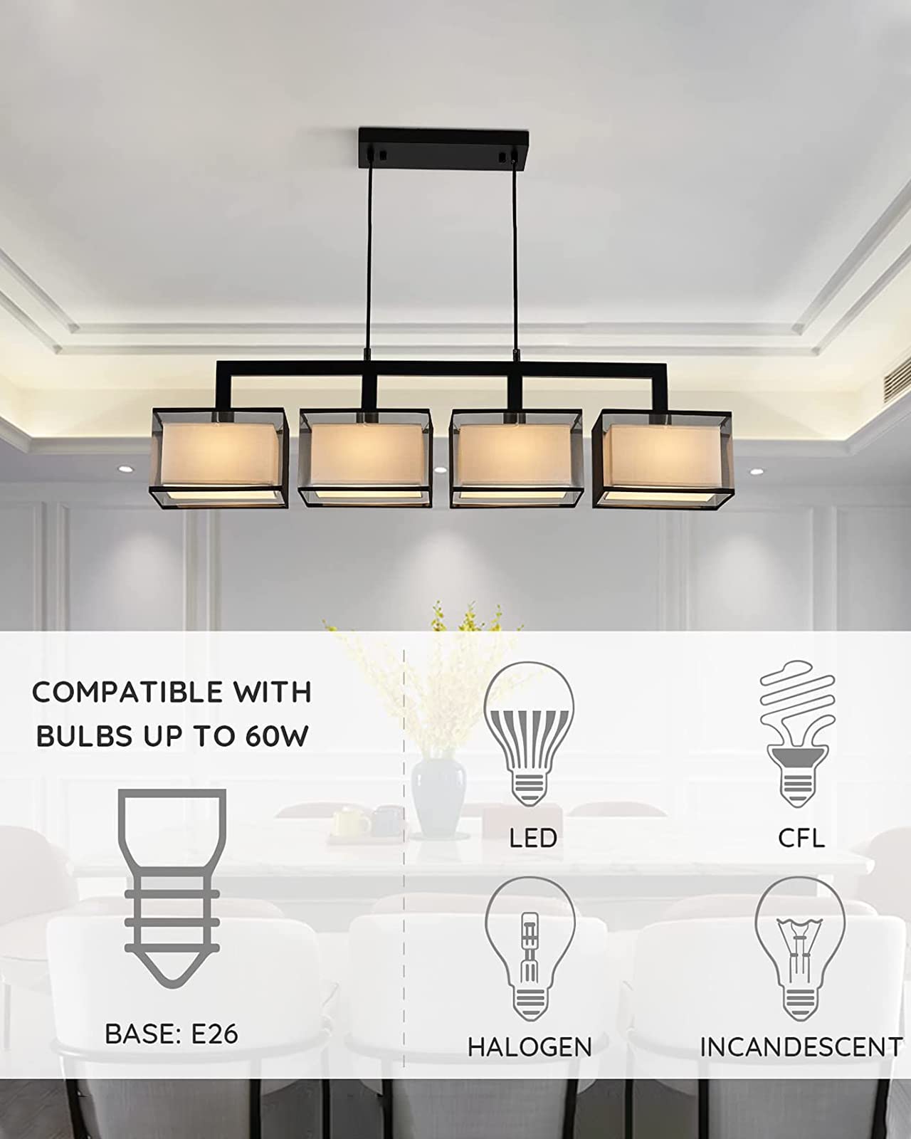 Modern Rectangular Chandelier Hanging Light Fixture 4 Lights with Fabric Lampshade