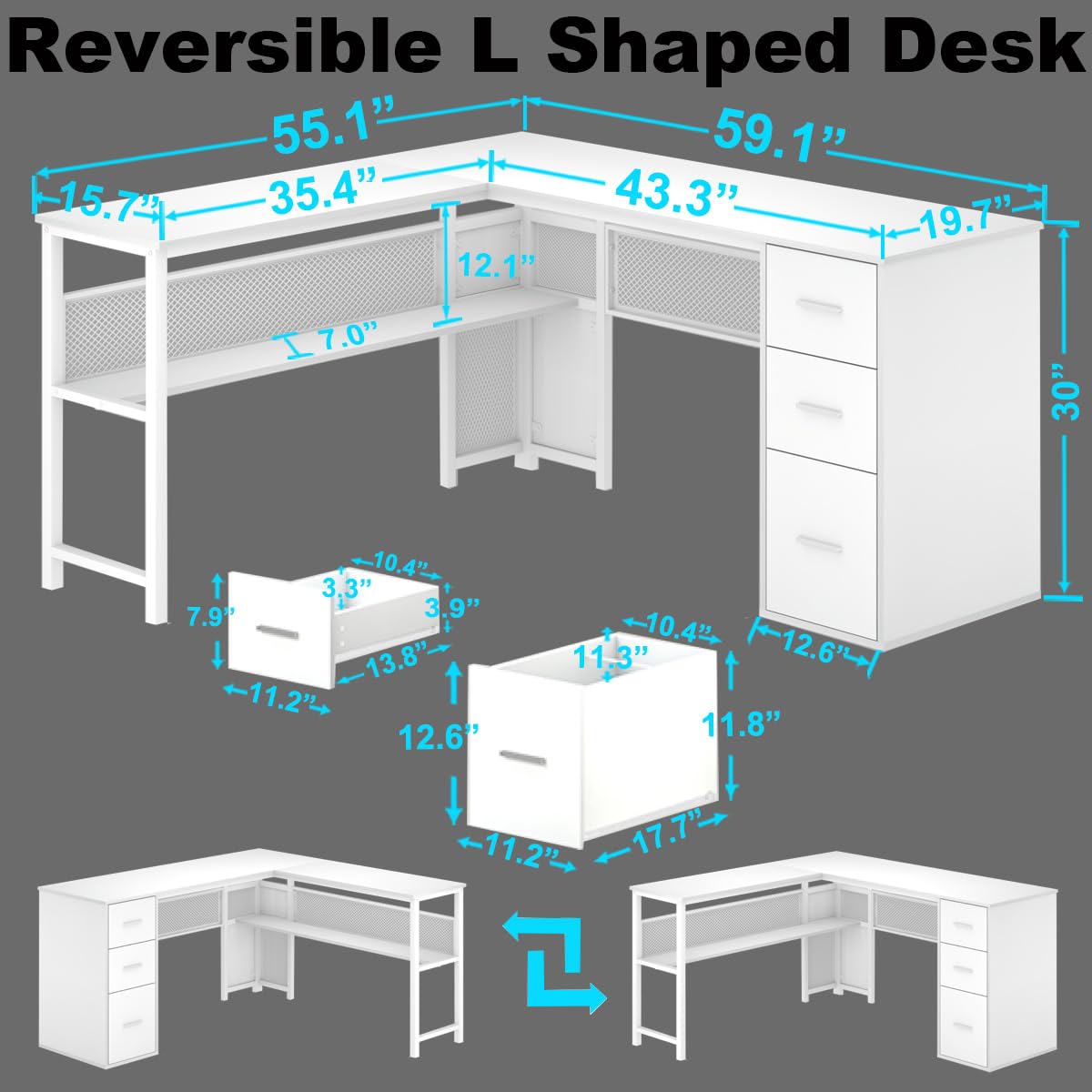 White L shaped Corner Desk with Drawers, Reversible Modern L-Shaped Computer Desk