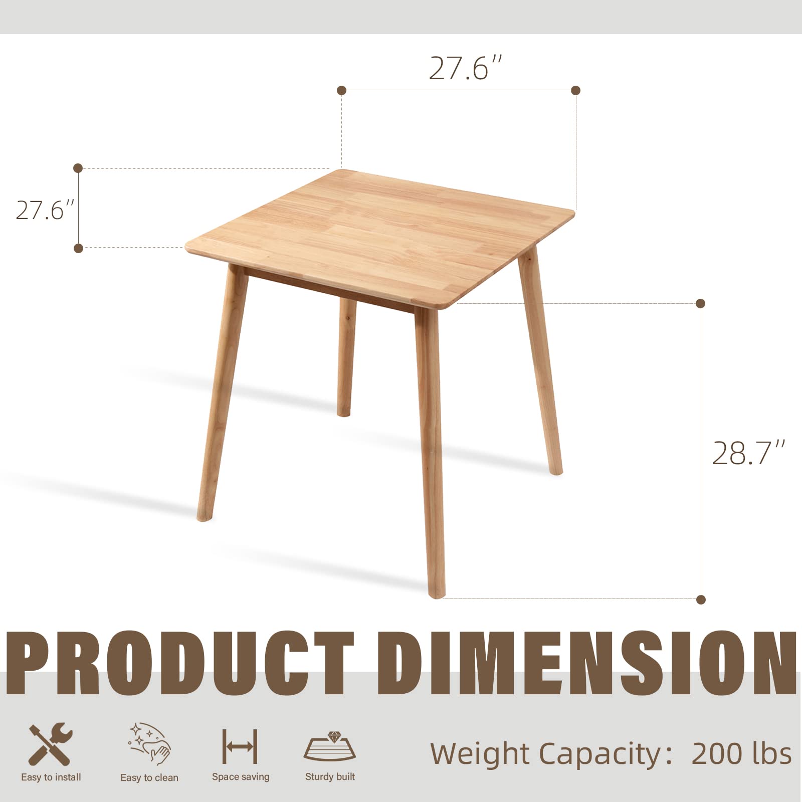 27.6" Small Square Wooden Dining Table for 2, Space-Saving natural Kitchen Dinner Table Rustic