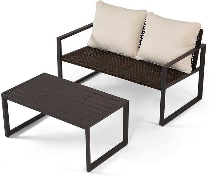 Wicker Outdoor Loveseat with Coffee Table, Coversation Set with Removable Cushion