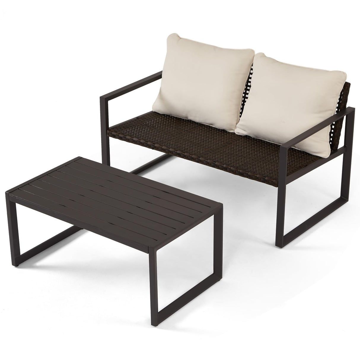 Wicker Outdoor Loveseat with Coffee Table, Coversation Set with Removable Cushion