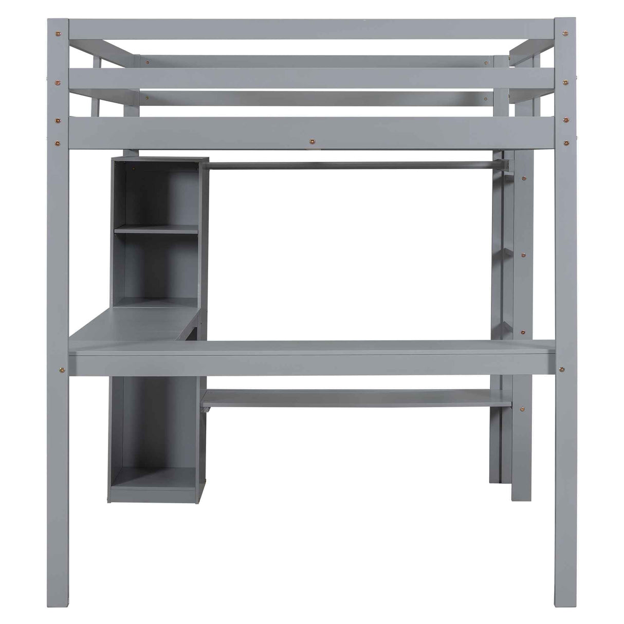 Full Size Loft Bed with Storage Shelves and Hanging Rod, Wooden Highloft Bedframe