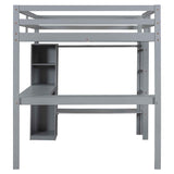 Full Size Loft Bed with Storage Shelves and Hanging Rod, Wooden Highloft Bedframe