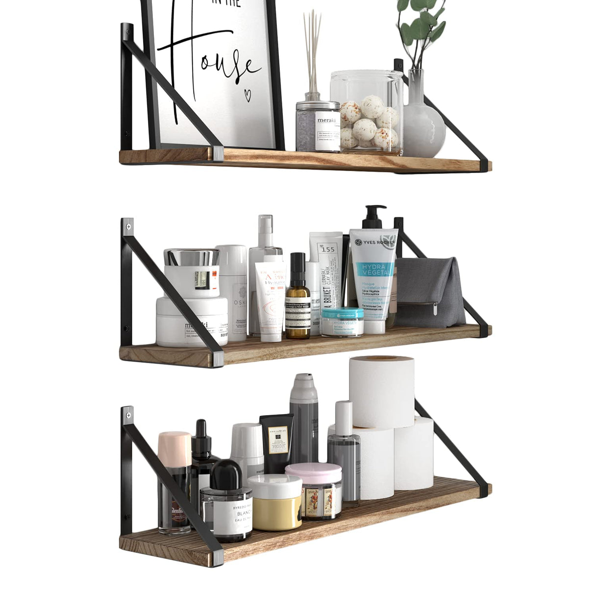 Bora Floating Shelves for Wall, 24"x6" Bathroom Storage Shelves, Rustic Wood Shelf Set